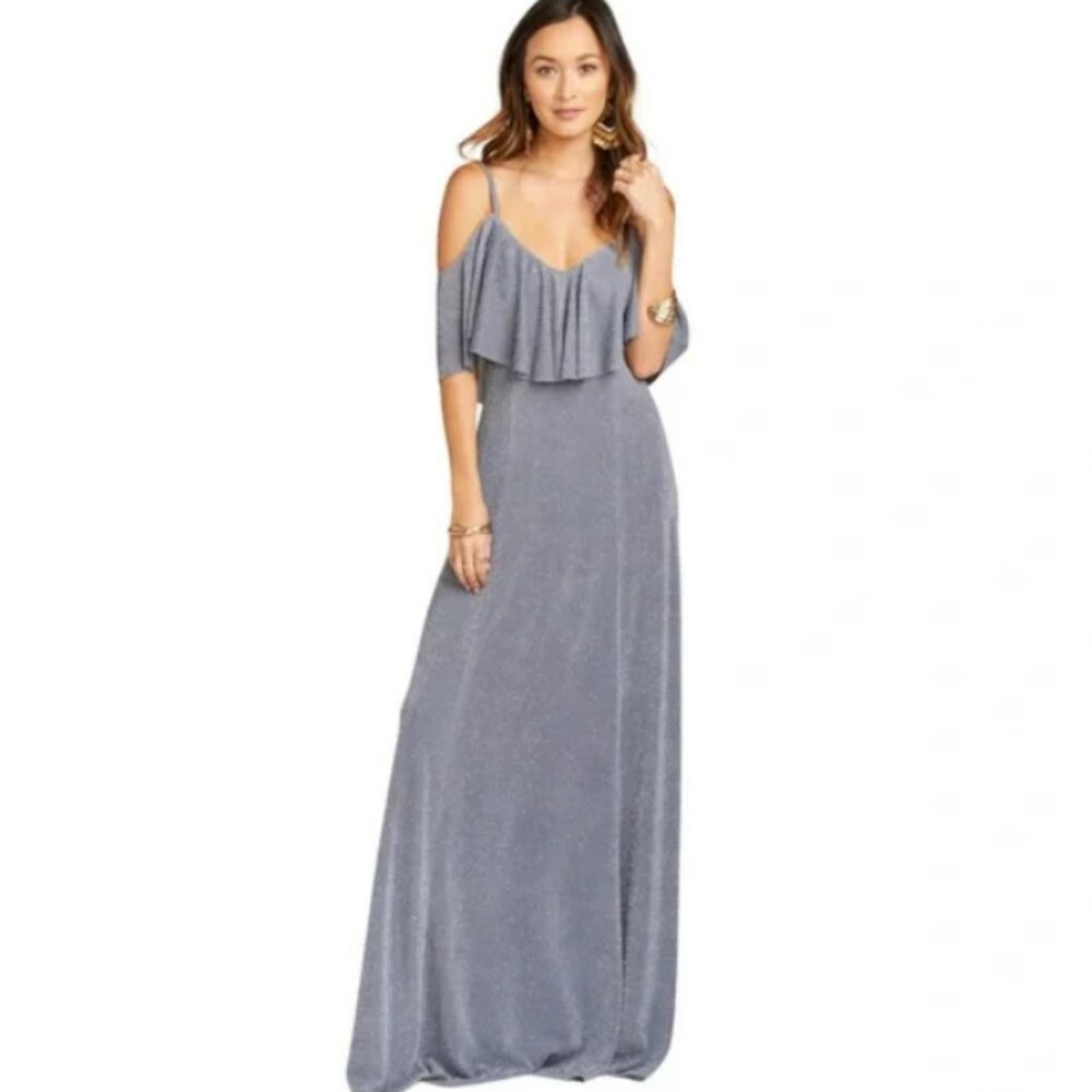 Show Me Your Mumu Renee V Neck Shimmering Glittery Ruffle Maxi Dress/Gown NWT